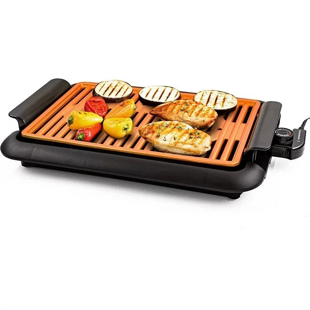 Electric Indoor Grill with 15x10 Inch Non-Stick Cooking Surface, 1200W Fast Heat Up Power, Adjustable Temperature, Removable and Dishwasher Safe Grilling Plate and Drip Tray, Copper GD1510NLCO