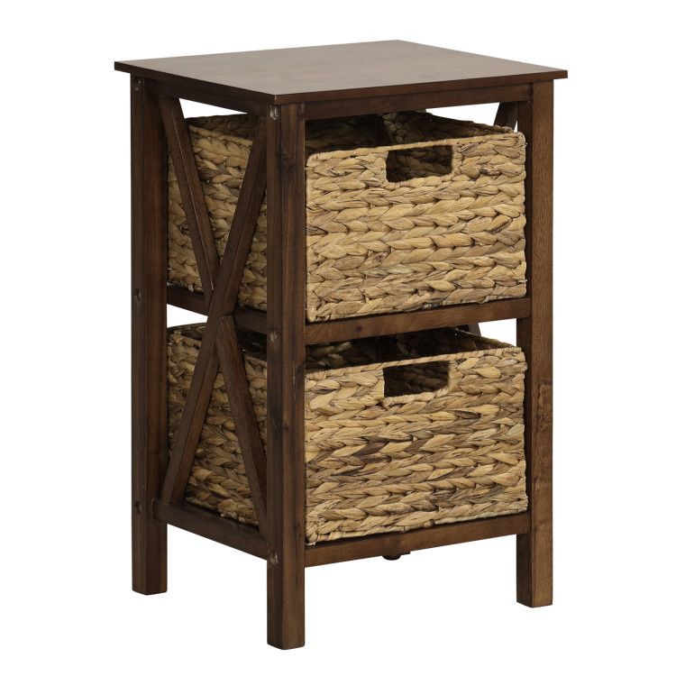 3/4-Tier Nightstand with 2/3 Seagrass Baskets Narrow X-Design