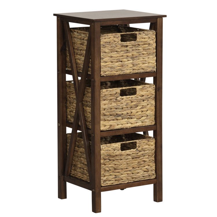 3/4-Tier Nightstand with 2/3 Seagrass Baskets Narrow X-Design