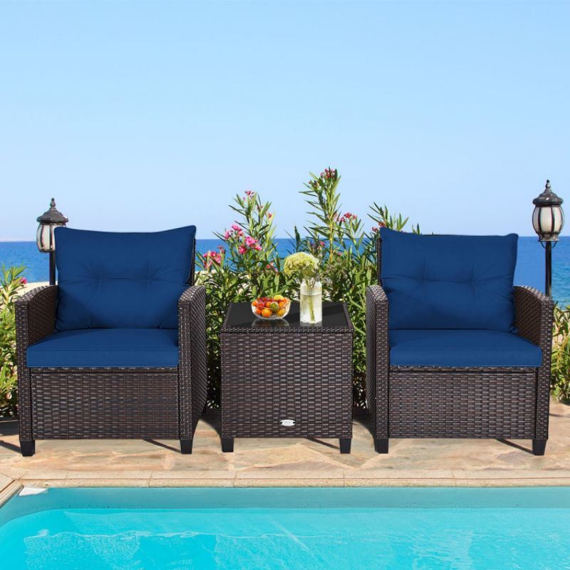 3 Pieces Rattan Patio Furniture Set with Washable Cushion