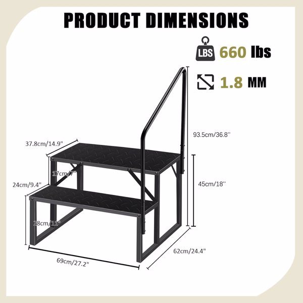 2 Step Stool Ladder for Adults, Kids Step Stool 660Lbs, Hot Tub Stairs with Handrail, Step Stool for Kids Bathroom, Office, Household, Kitchen (2 Step