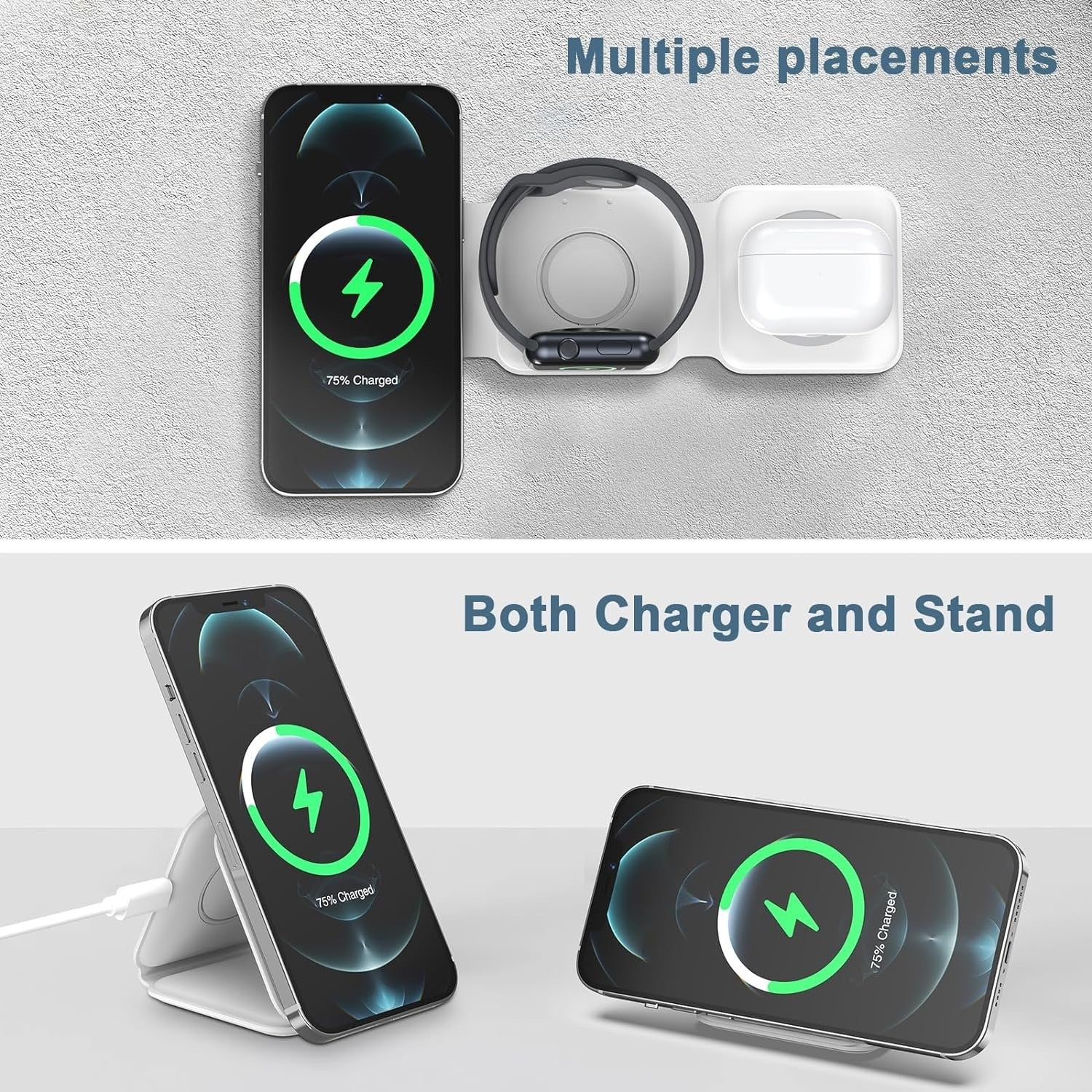 Wireless Charger, Magnetic Foldable 3 in 1 Mag-Safe Charger Applicable with wireless charging mobile phone watch earphones