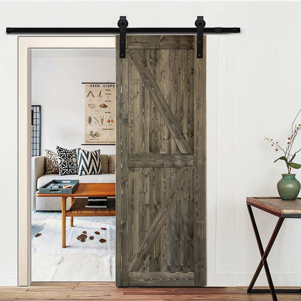 36 in. x 84 in. Sliding Barn Door with 6.6FT Barn Door Hardware Kit & Handle , K Frame, Solid Spruce Wood, gray spray paint