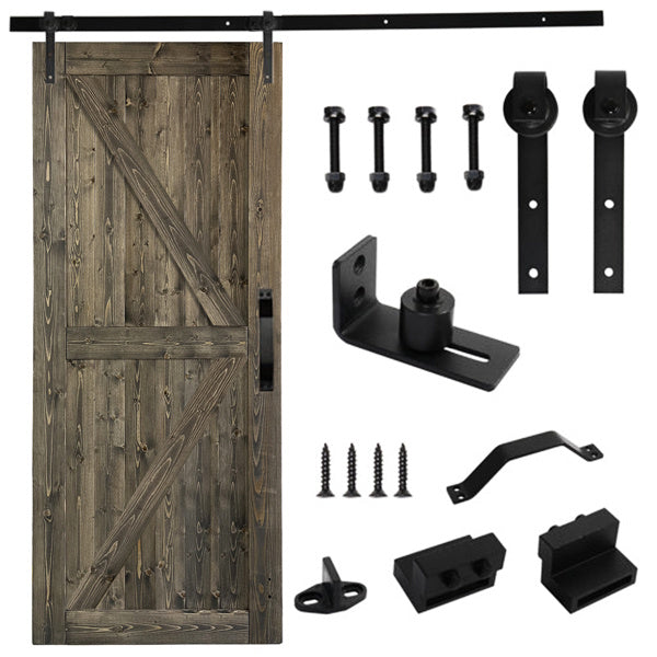 36 in. x 84 in. Sliding Barn Door with 6.6FT Barn Door Hardware Kit & Handle , K Frame, Solid Spruce Wood, gray spray paint