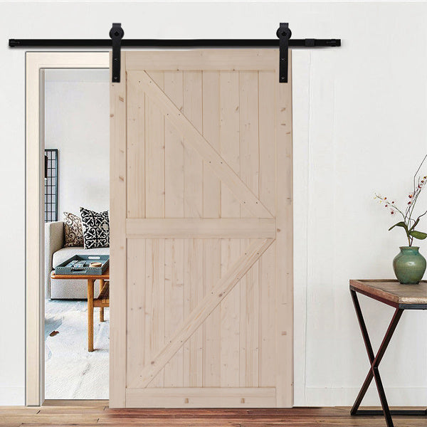 42 in. x 84 in. Unfinished Sliding Barn Door with 7FT Barn Door Hardware Kit & Handle , K Frame, Solid Spruce Wood, Requires Simple DIY Assembly