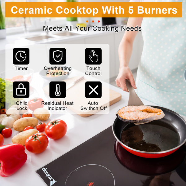 Electric Ceramic Stove! ZOKOP 30in 220v 7600w Rectangular 5-Burner Stove, Glass And Iron Spray-Coated Anti-Rust Bottom Shell, Touch Screen Embedded Wi