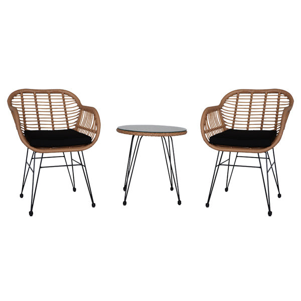 Oshion 3 pcs Wicker Rattan Patio Conversation Set with Tempered Glass Table Flaxen Yellow