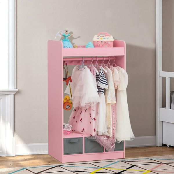 Kids Costume Organizer, Costume Rack, Kids Armoire, Open Hanging Armoire Closet with Mirror-PINK