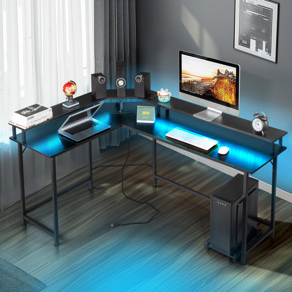 Black pockmarked particle board with triamine coating L-shaped with upper shelf 170*120*75cm computer desk with RGB light + 2 USB interfaces + 2 three-plug interfaces