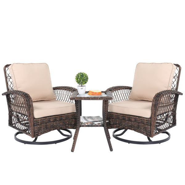 3 Pieces Patio Furniture Set, Outdoor Swivel Gliders Rocker, Wicker Patio Bistro Set with Rattan Rocking Chair, Glass Top Side Table and Thickened Cushions for Porch Deck Backyard, Brown Gradient Ratt