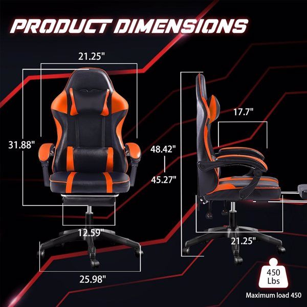 Ergonomic Gaming Chair with Footrest, PU Leather Video Game Chairs for Adults, Reclining Gamer Chair Office Chair with Lumbar Support, Comfortable Computer Chair for Heavy People