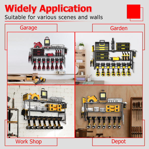 Power Tool Organizer Wall Mount, 7 Drill Holder Cordless Power Tool Wall Organizer, 3 Layers Power Tool Holder and Power Tool Storage Rack with Screwd