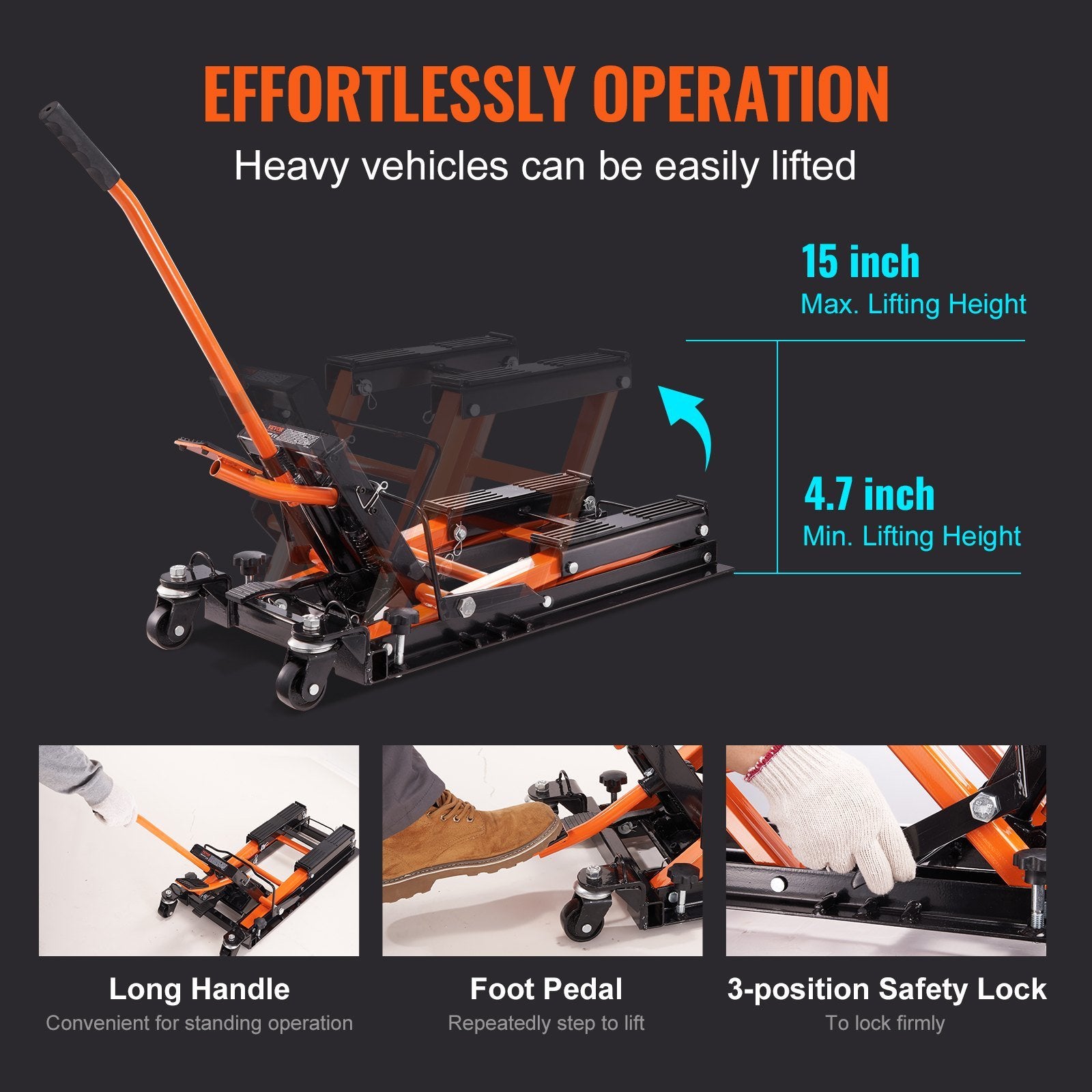VEVOR Steel Hydraulic Motorcycle Jack Stand, 1500 LBS ATV Scissor Lift Jack, 4.7"-15" Scissor Lift Jack Stand with 4 Wheels, Hydraulic Foot-Operated H
