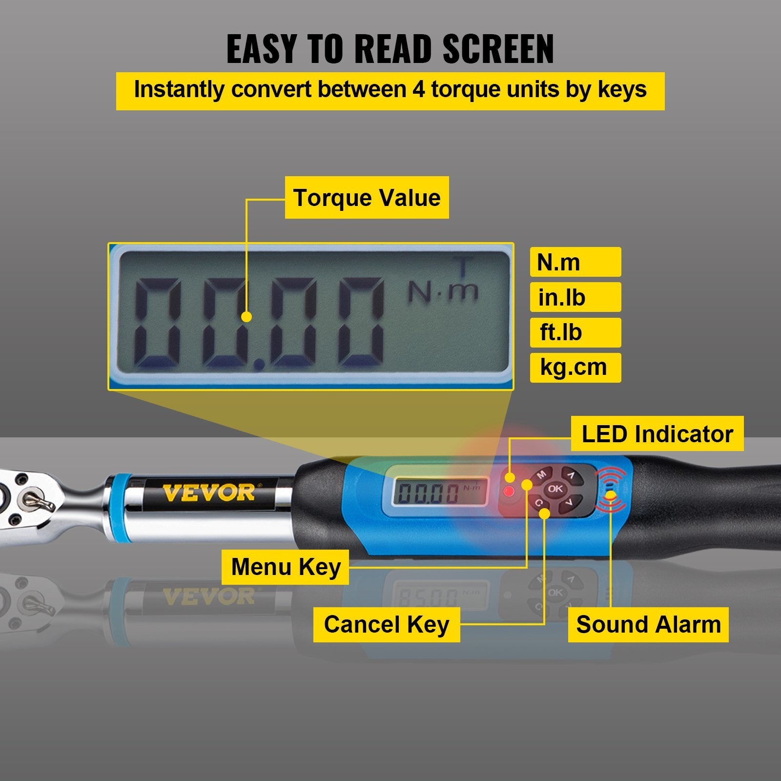 VEVOR Digital Torque Wrench, 3/8" Drive Electronic Torque Wrench, Torque Wrench Kit 3.1-62.7 ft-lbs Torque Range Accurate to ±2%, Adjustable Torque Wr