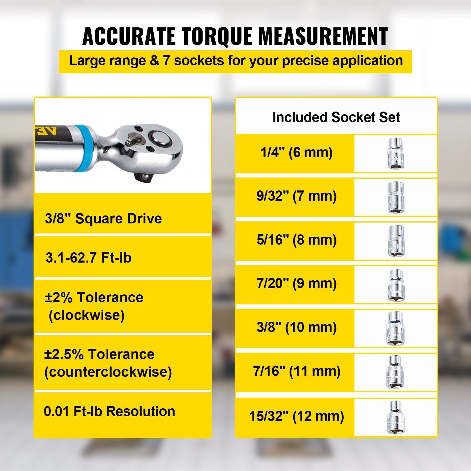 VEVOR Digital Torque Wrench, 3/8" Drive Electronic Torque Wrench, Torque Wrench Kit 3.1-62.7 ft-lbs Torque Range Accurate to ±2%, Adjustable Torque Wr