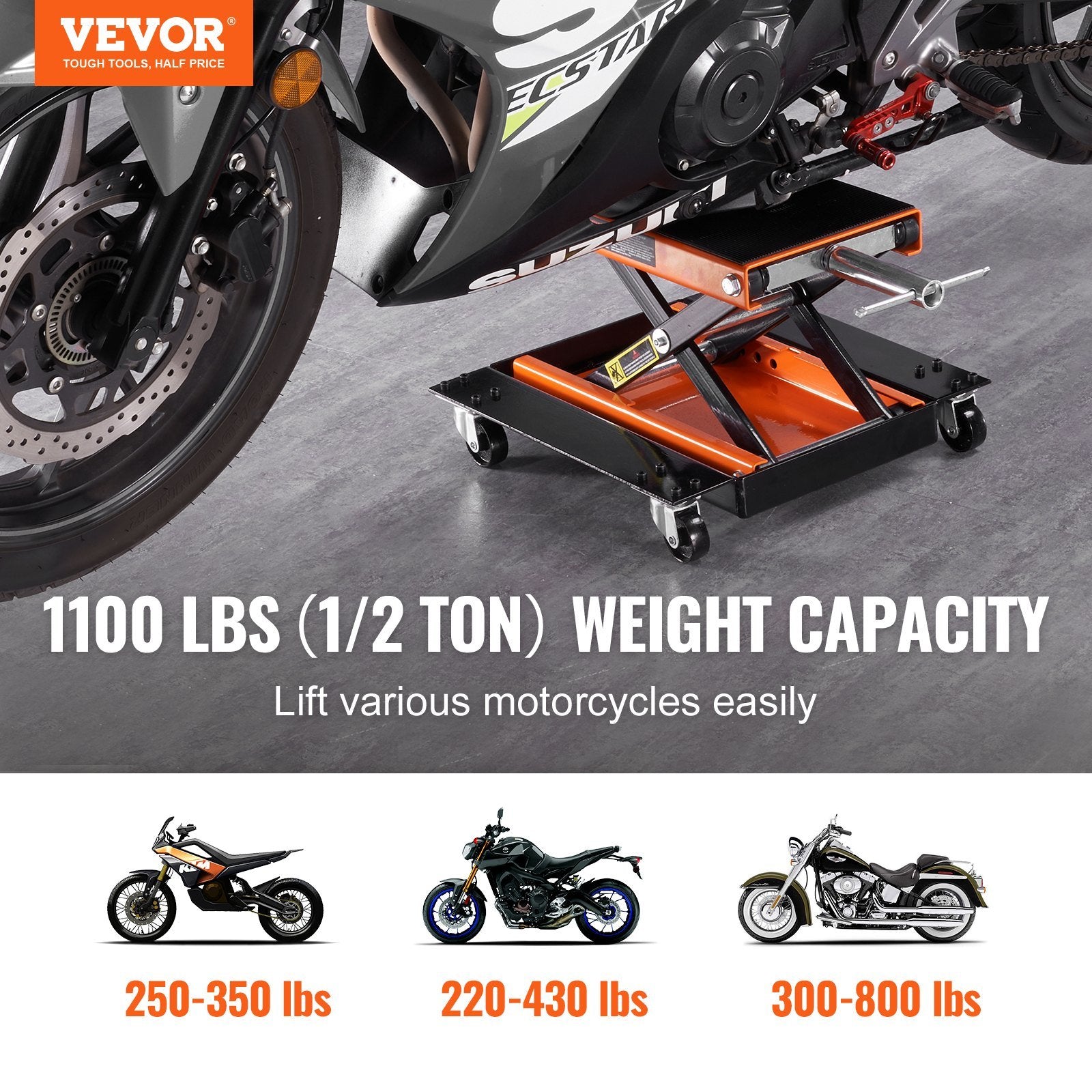 VEVOR Motorcycle Lift, 1100 LBS Motorcycle Lift ATV Scissor Lift Jack with Dolly & Hand Crank, Center Hoist Crank Stand with Wide Deck & Tool Tray for
