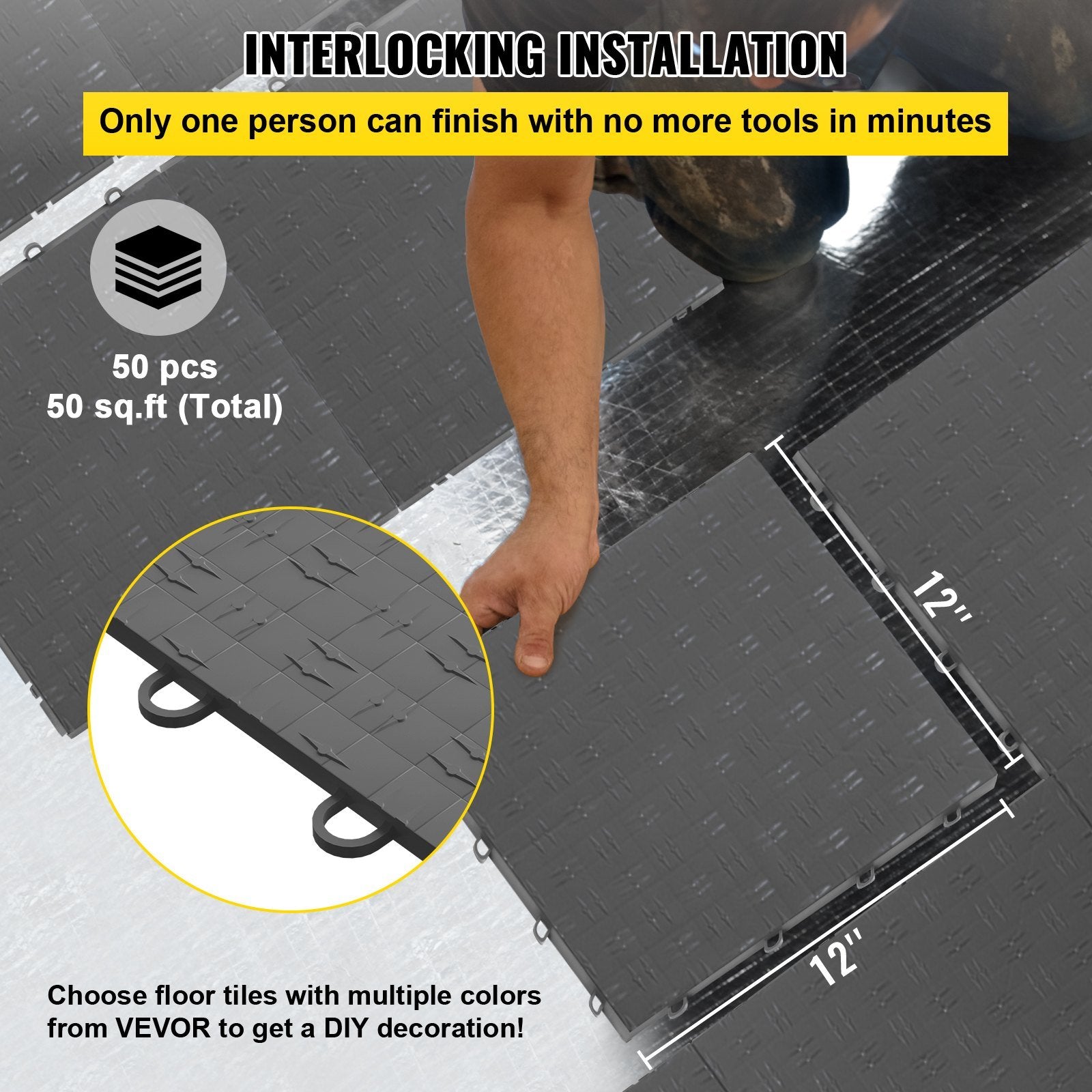 VEVOR Garage Tiles Interlocking, 12'' x 12'', 50 pcs, Graphite Grey Garage Floor Covering Tiles, Non-Slip Diamond Plate Garage Flooring Tiles, Support