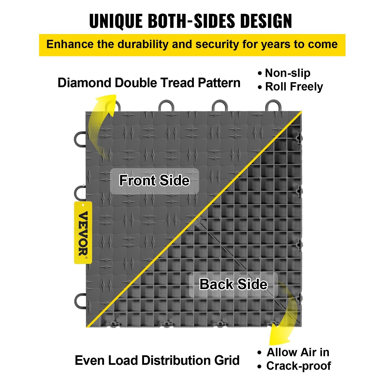 VEVOR Garage Tiles Interlocking, 12'' x 12'', 50 pcs, Graphite Grey Garage Floor Covering Tiles, Non-Slip Diamond Plate Garage Flooring Tiles, Support