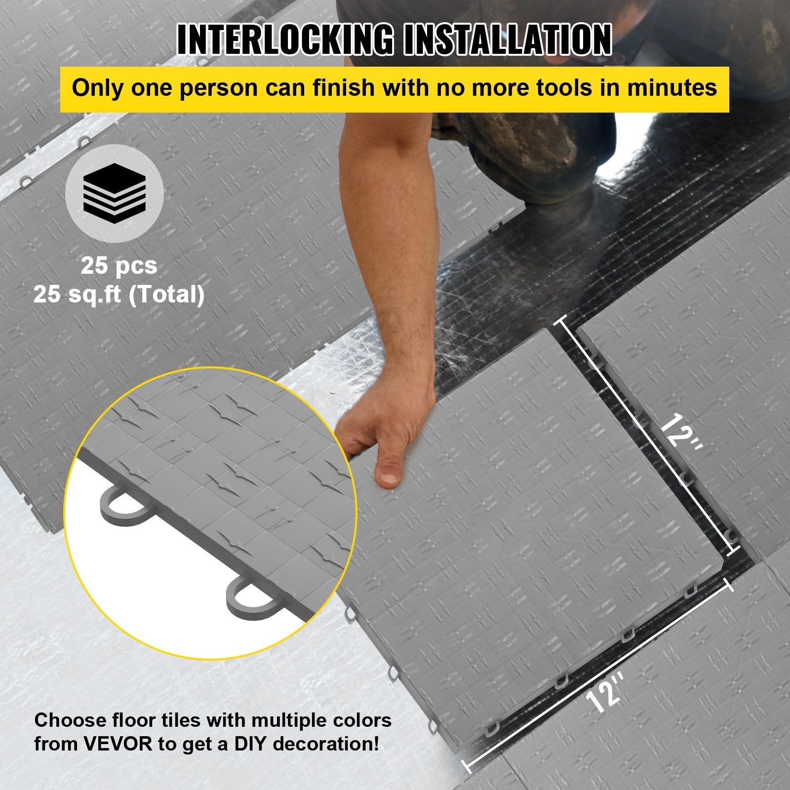 VEVOR Garage Tiles Interlocking, 12'' x 12'', 25 pcs, Silver Garage Floor Covering Tiles, Non-Slip Diamond Plate Garage Flooring Tiles, Support up to 