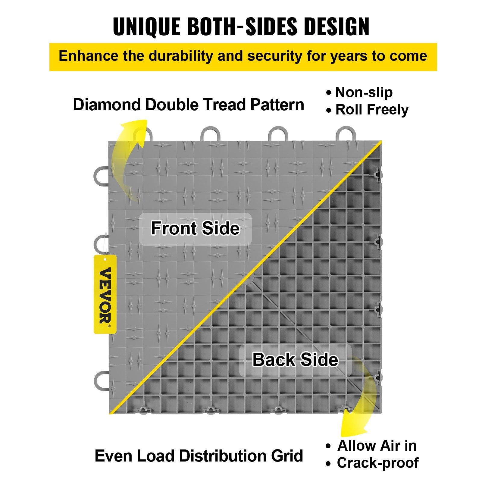 VEVOR Garage Tiles Interlocking, 12'' x 12'', 25 pcs, Silver Garage Floor Covering Tiles, Non-Slip Diamond Plate Garage Flooring Tiles, Support up to 
