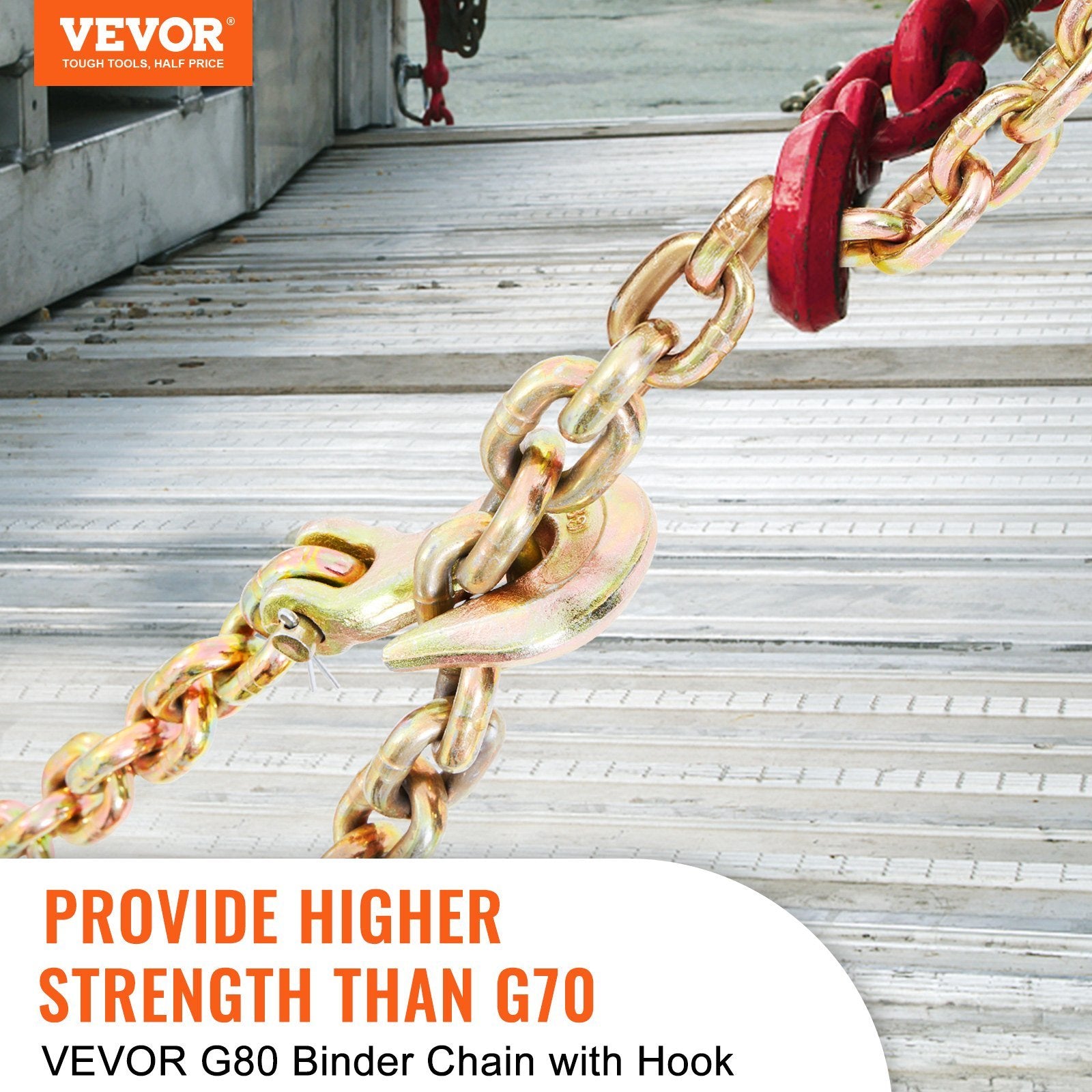 VEVOR Transport Binder Chain, 4900lbs Working Load Limit, 5/16''x20' G80 Tow Chain Tie Down with Grab Hooks, DOT Certified, Galvanized Coating Mangane