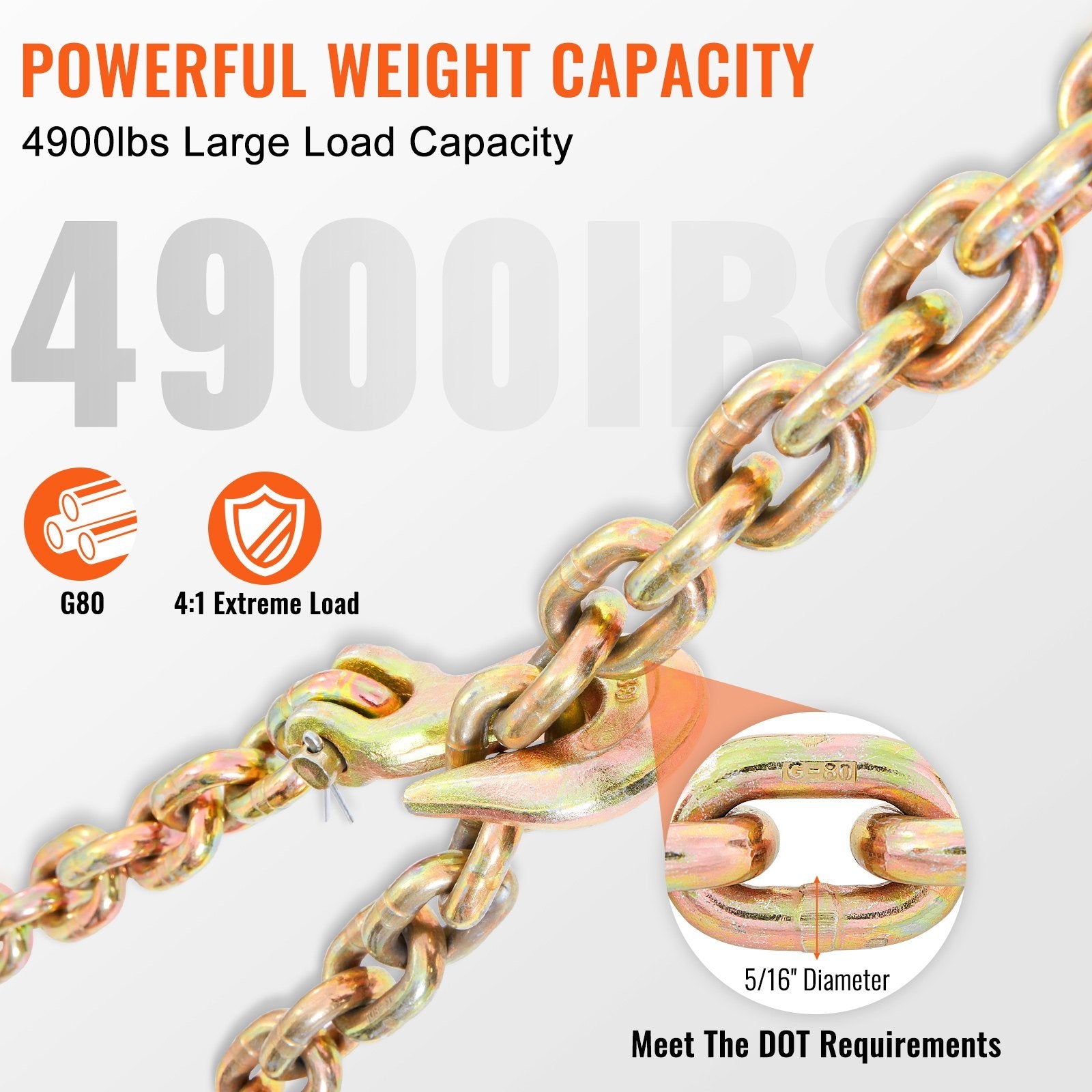 VEVOR Transport Binder Chain, 4900lbs Working Load Limit, 5/16''x20' G80 Tow Chain Tie Down with Grab Hooks, DOT Certified, Galvanized Coating Mangane