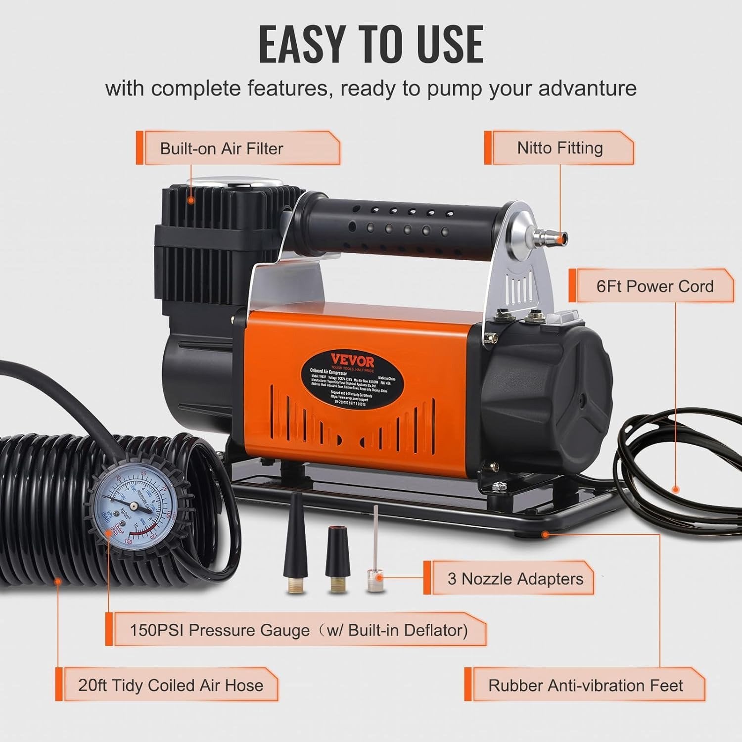 VEVOR 12V Air Compressor Heavy Duty 150PSI Offroad Air Compressor Portable Truck Tire Inflator Air Pump for Jeep SUV 4x4 Vehicle RV For up to 35 Inch 