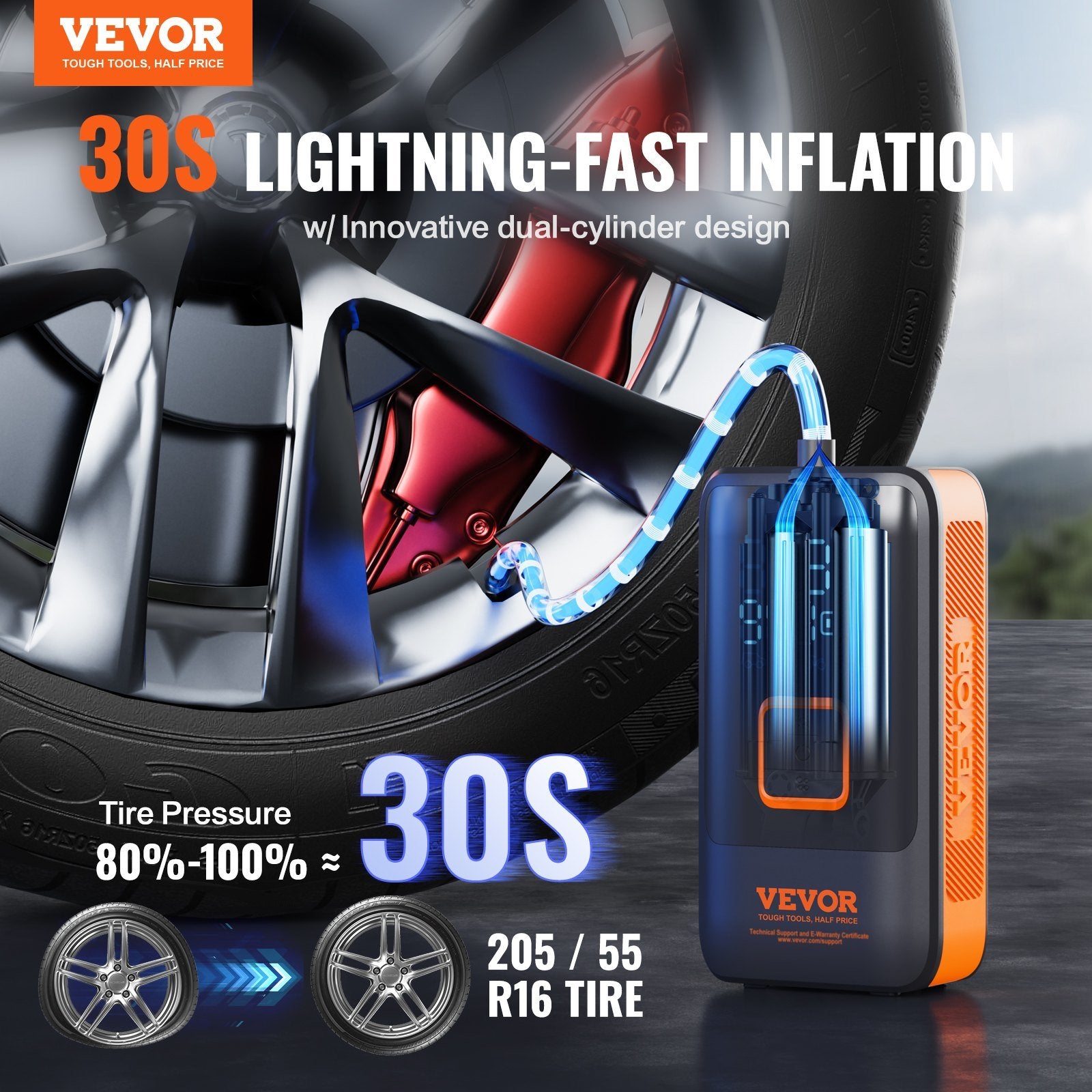 VEVOR Tire Inflator Portable Air Compressor, Dual-Cylinder & 12000mAh Rechargeable Air Pump, 30s Fast Inflation Tire Pump with Auto-Off, LCD Pressure 