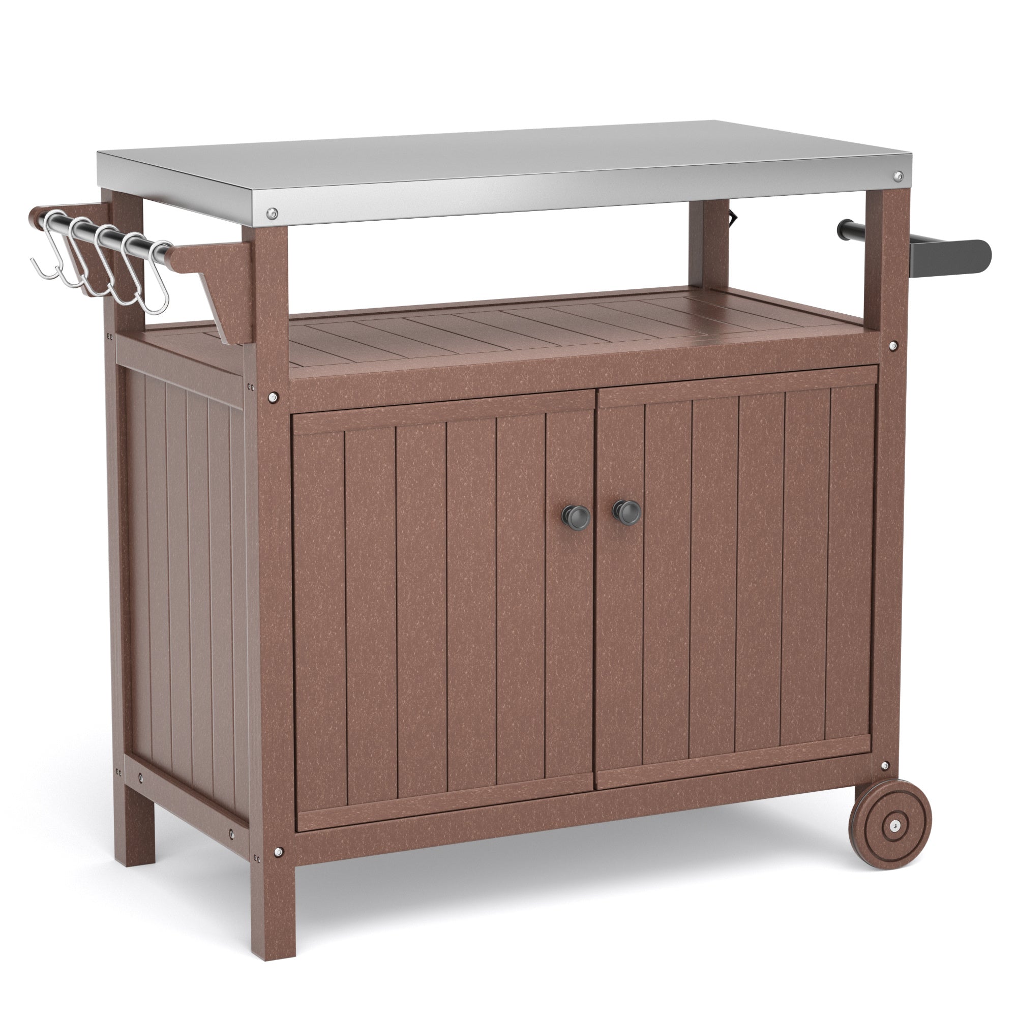 Outdoor Grilling Table with Storage,,Waterproof Outdoor Grill Cabinet,Stainless Steel Tabletop Outdoor Kitchen Island,BBQ Cart with Wheels,Hooks and Side Shelf