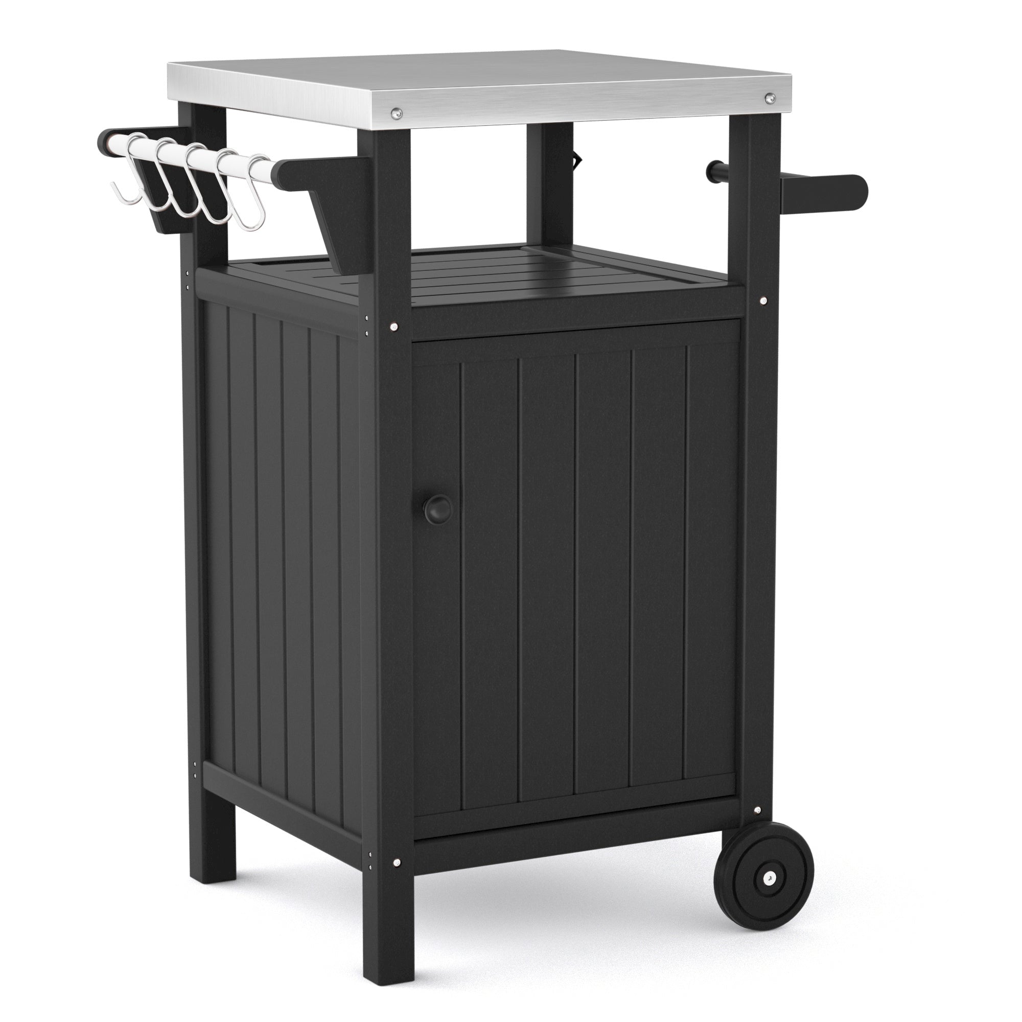 Outdoor Grilling Table with Storage,Stainless Steel Countertop Kitchen Island Cart with Storage Cabinet,Outdoor Grill Table for BBQ,Patio Cabinet with Wheels,Hooks and Side Shelf