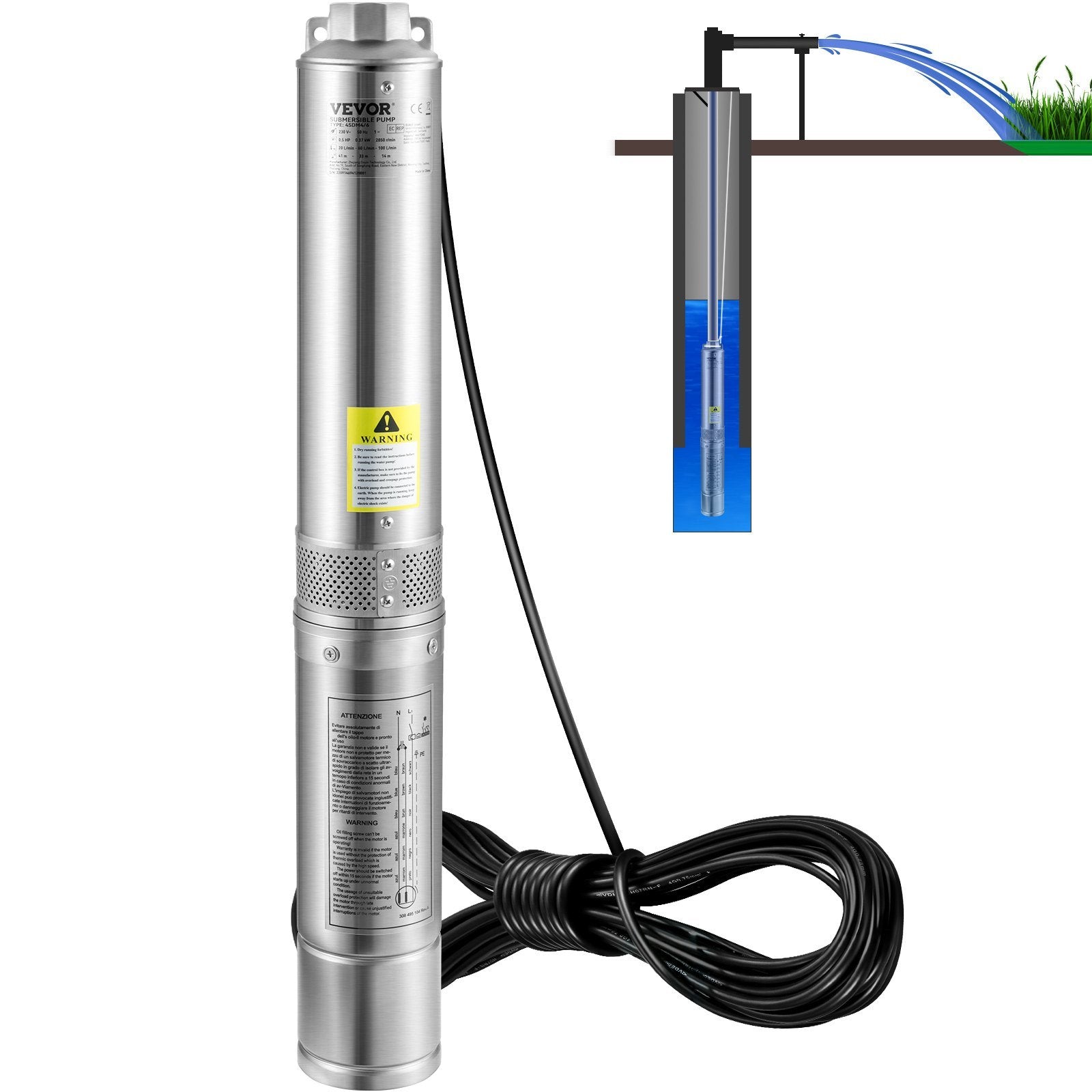 VEVOR Deep Well Submersible Pump, 1.5HP 230V/60Hz, 37gpm 276ft Head, with 33ft Electric Cord, 4" Stainless Steel Water Pumps for Industrial, Irrigatio