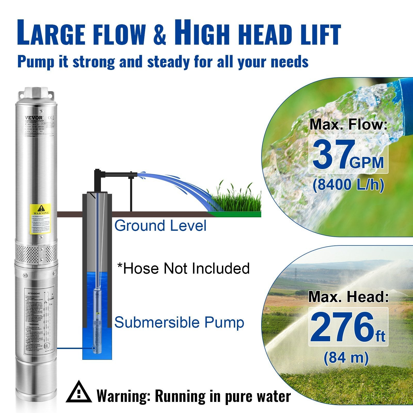 VEVOR Deep Well Submersible Pump, 1.5HP 230V/60Hz, 37gpm 276ft Head, with 33ft Electric Cord, 4" Stainless Steel Water Pumps for Industrial, Irrigatio