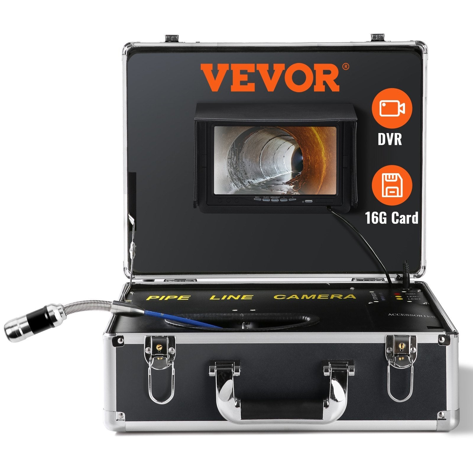 VEVOR Sewer Camera, 100 ft/30 m, 7" Screen Pipeline Inspection Camera with DVR Function, Waterproof IP68 Camera, 12 pcs Adjustable LEDs, with a 16 GB 