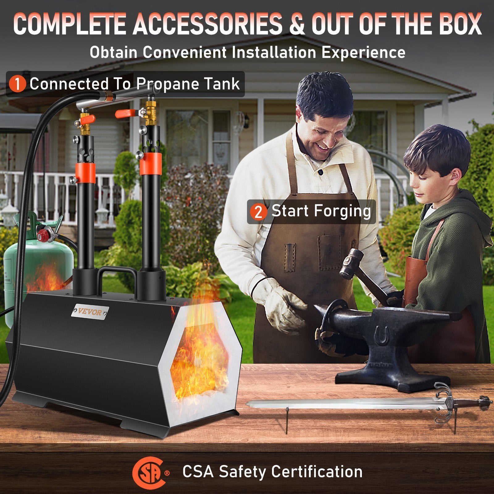 VEVOR Propane Forge Portable, Double Burner Tool and Knife Making, Large Capacity Blacksmith Farrier Forges, Mini Furnace Blacksmithing, Gas Forging T