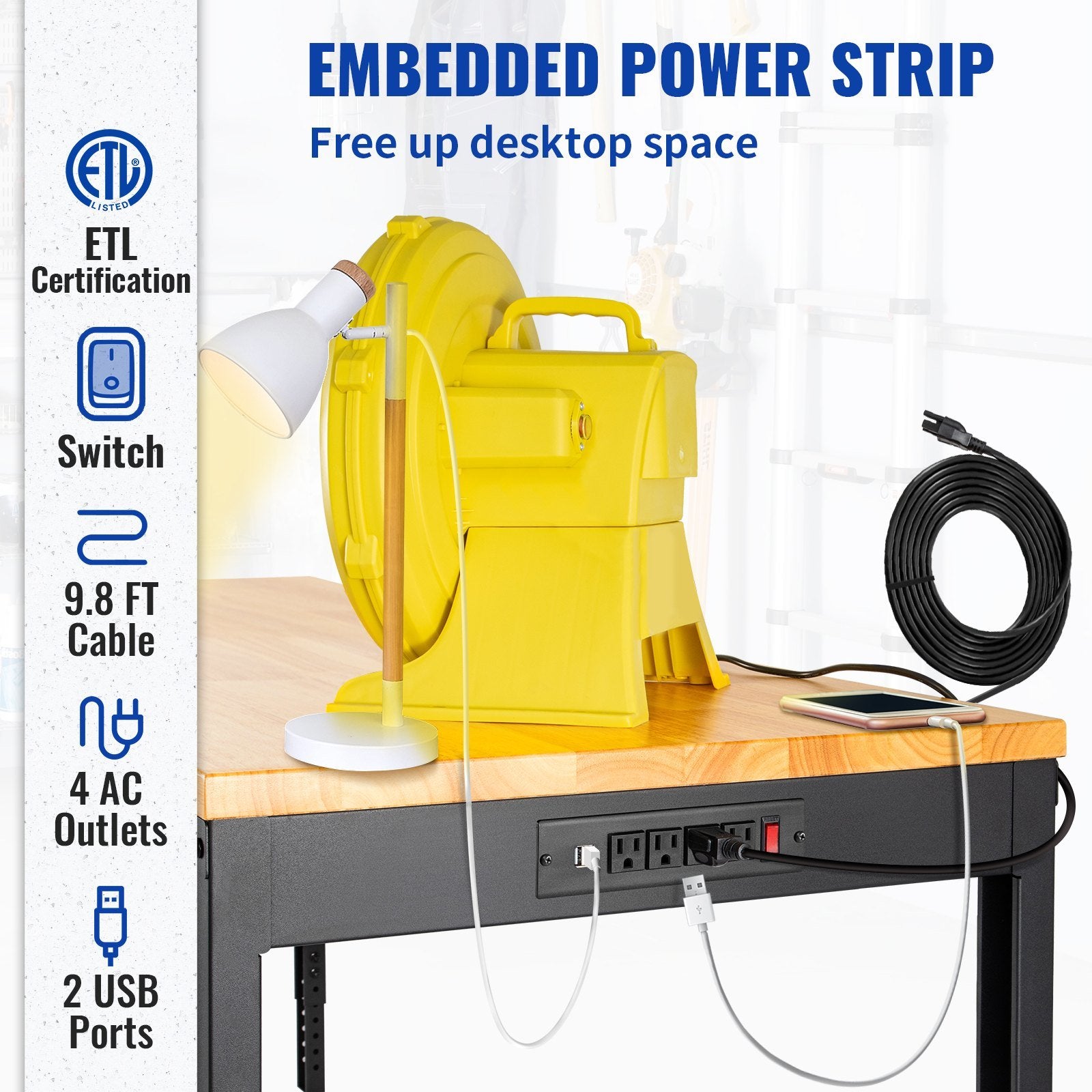 VEVOR Workbench Adjustable Height, 61" x 20" Garage Table w/ 27.1" - 36" Heights & 2000 LBS Load Capacity, with Power Outlets & Hardwood Top & Metal F