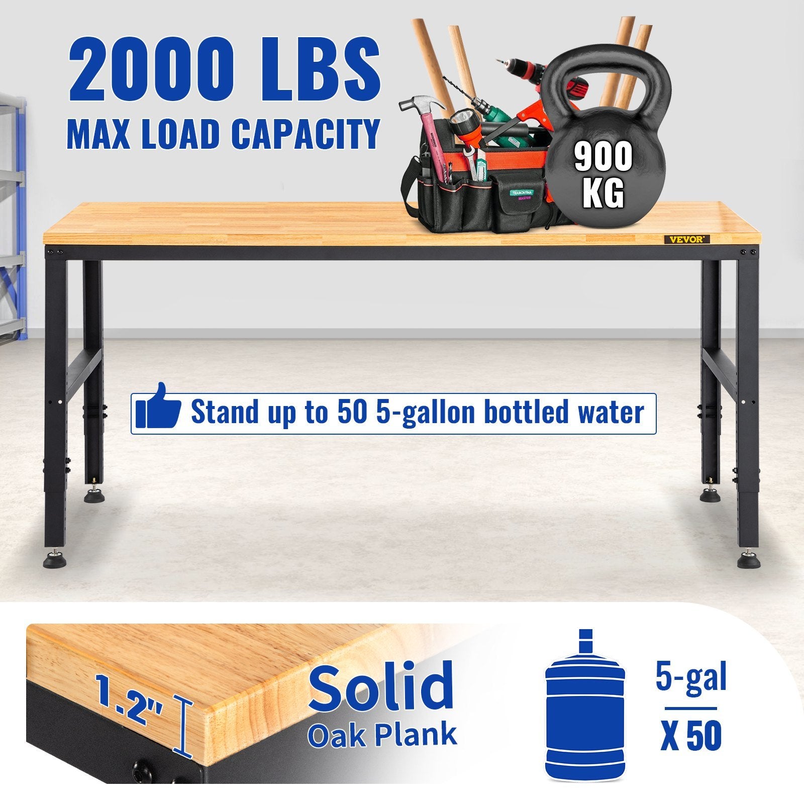 VEVOR Workbench Adjustable Height, 61" x 20" Garage Table w/ 27.1" - 36" Heights & 2000 LBS Load Capacity, with Power Outlets & Hardwood Top & Metal F
