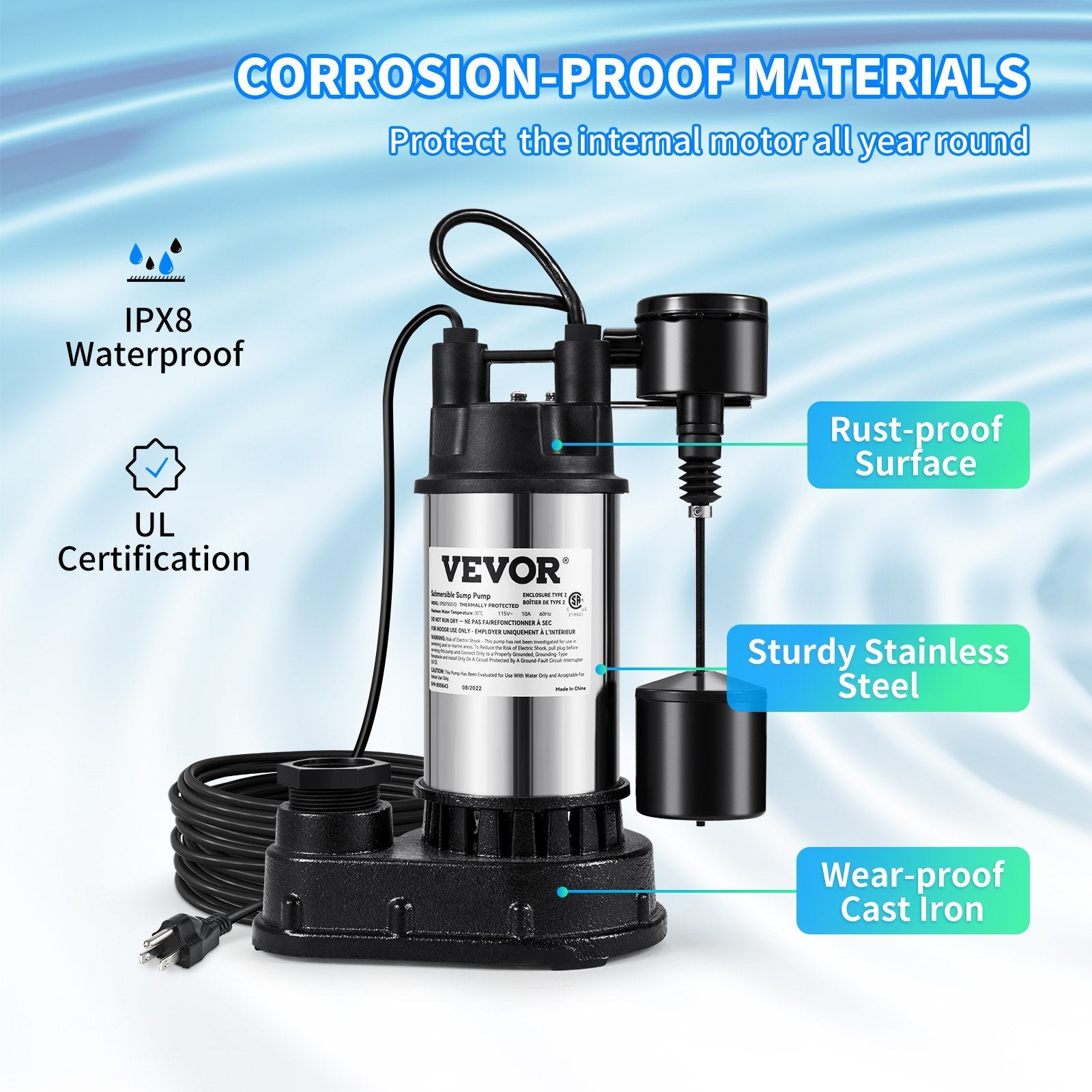 VEVOR 1.5 HP Submersible Cast Iron and Steel Sump Pump, 6000 GPH Submersible Water Pump with Integrated Vertical Float Switch, for Basement Water Basi