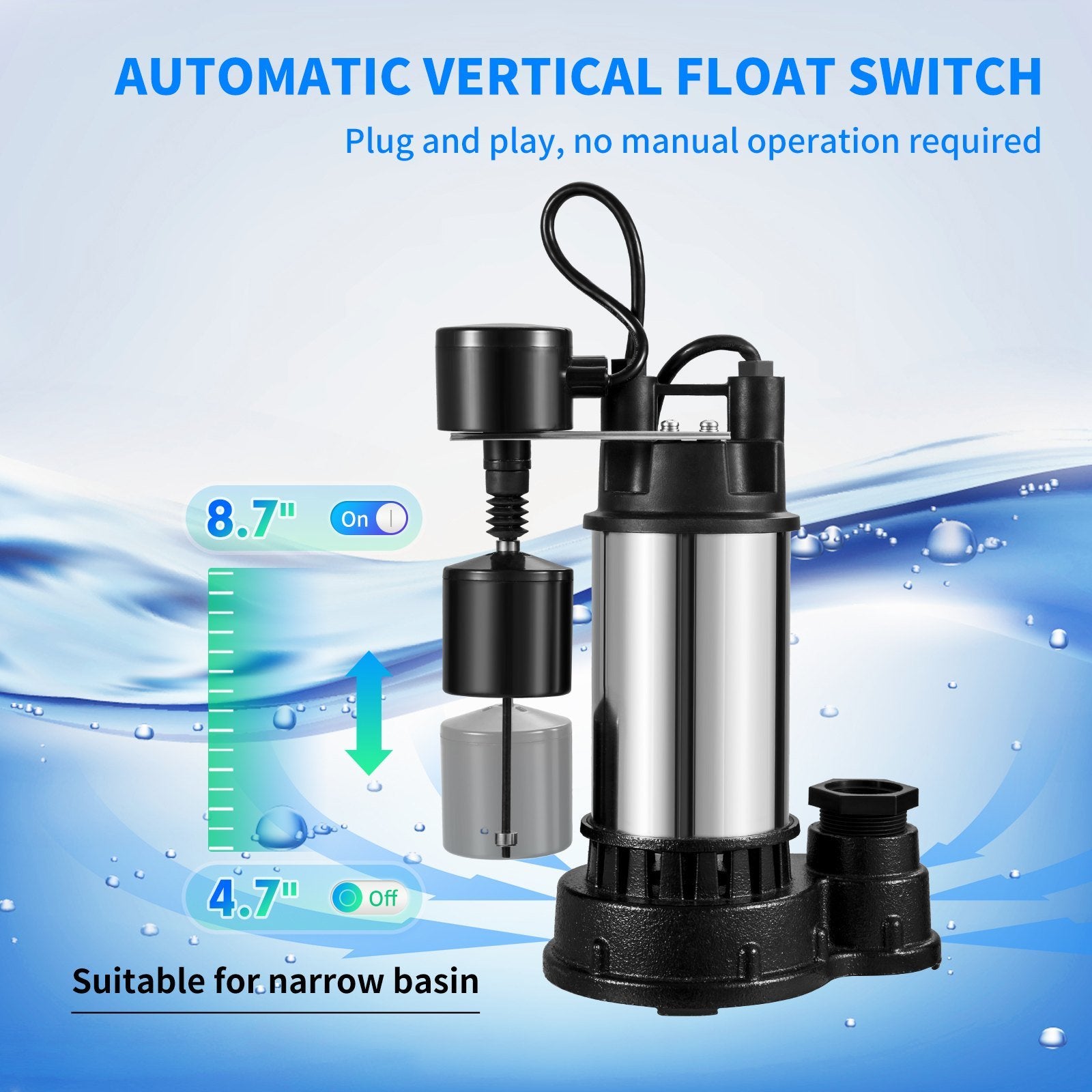 VEVOR 1.5 HP Submersible Cast Iron and Steel Sump Pump, 6000 GPH Submersible Water Pump with Integrated Vertical Float Switch, for Basement Water Basi