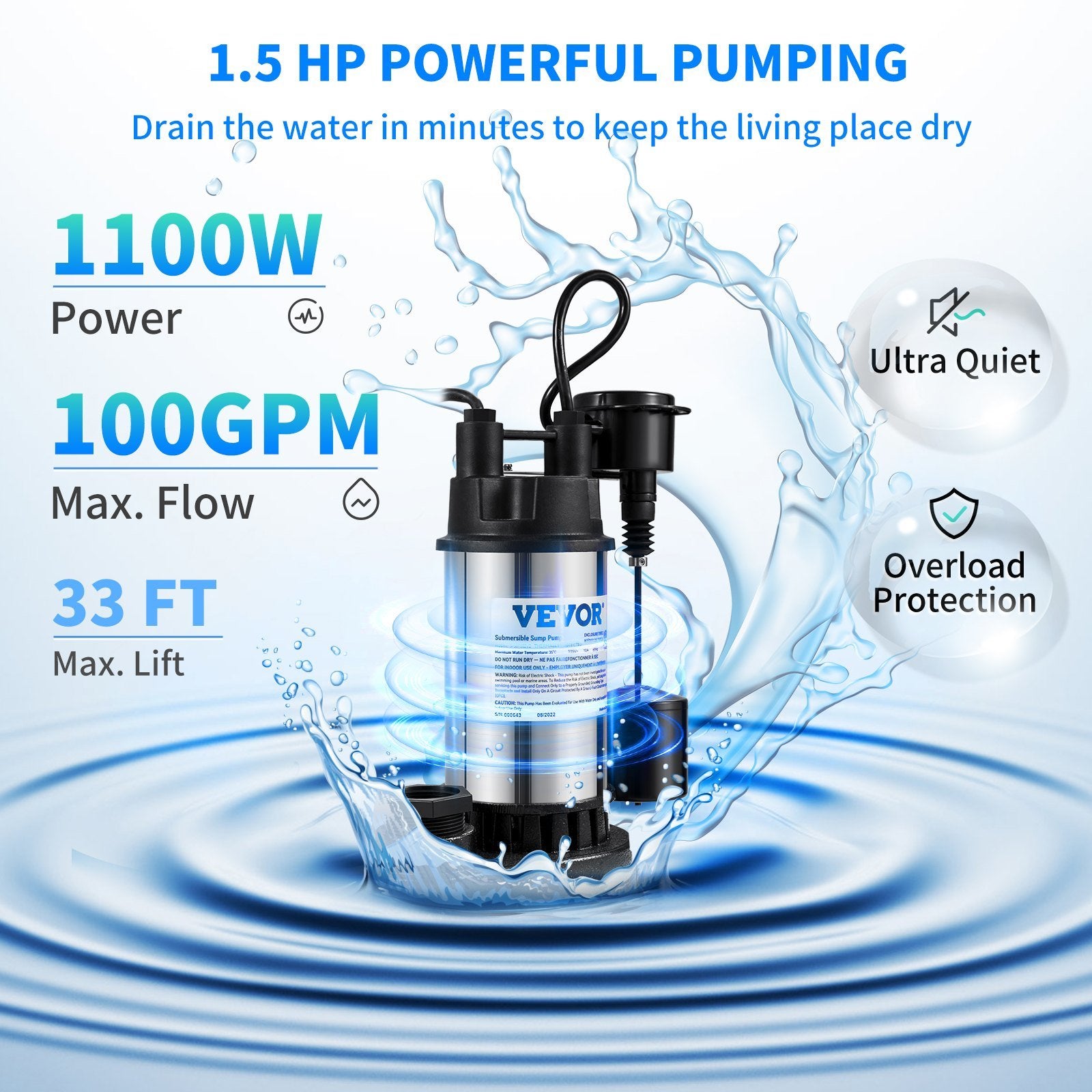 VEVOR 1.5 HP Submersible Cast Iron and Steel Sump Pump, 6000 GPH Submersible Water Pump with Integrated Vertical Float Switch, for Basement Water Basi