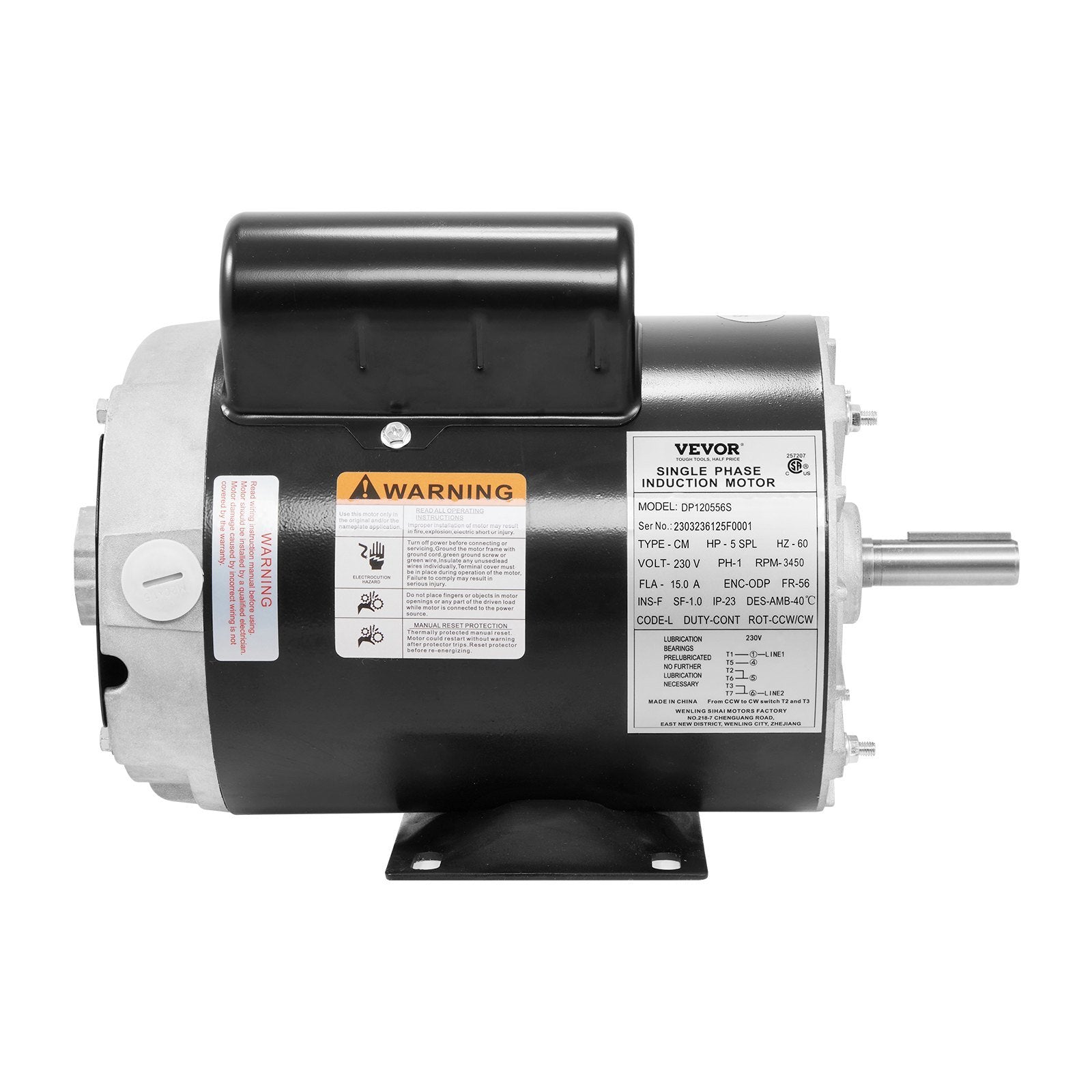 VEVOR 5HP SPL Air Compressor Electric Motor, 230V 15.0Amps, 56 Frame 3450RPM, 5/8" Keyed Shaft, CW/CCW Rotation, 1.88" Shaft Length for Air Compressor