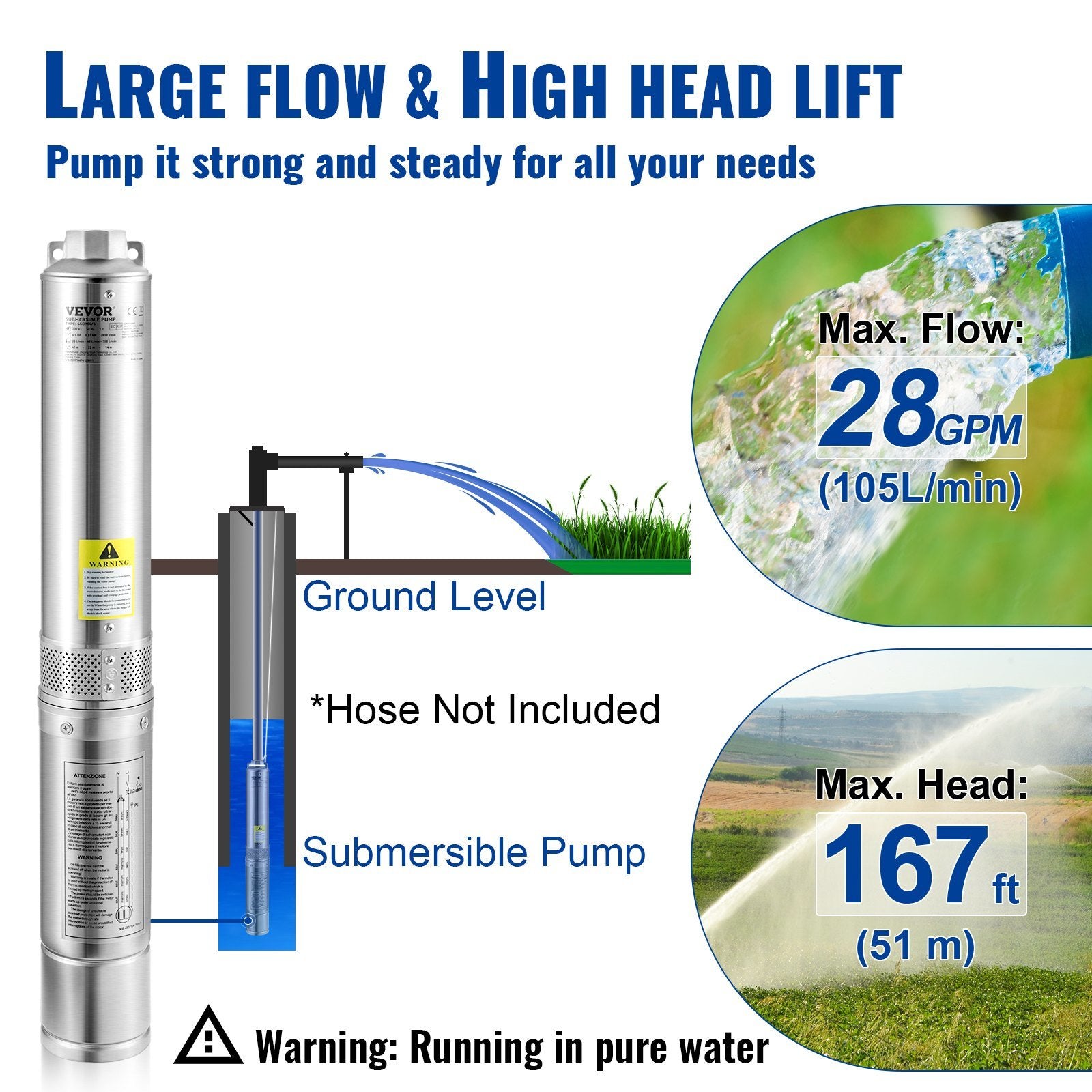 VEVOR Deep Well Submersible Pump, 0.5HP 230V/60Hz, 28gpm 167ft Head, with 33ft Electric Cord, 4" Stainless Steel Water Pumps for Industrial, Irrigatio
