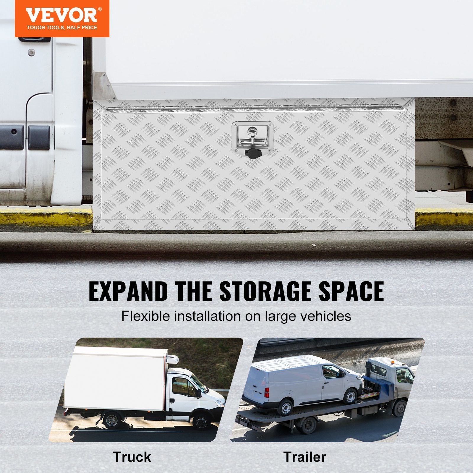VEVOR Underbody Truck Box, 36"×17"×18" Pickup Storage Box, Heavy Duty Aluminum Diamond Plate Tool Box with Lock and Keys, Waterproof Trailer Storage B