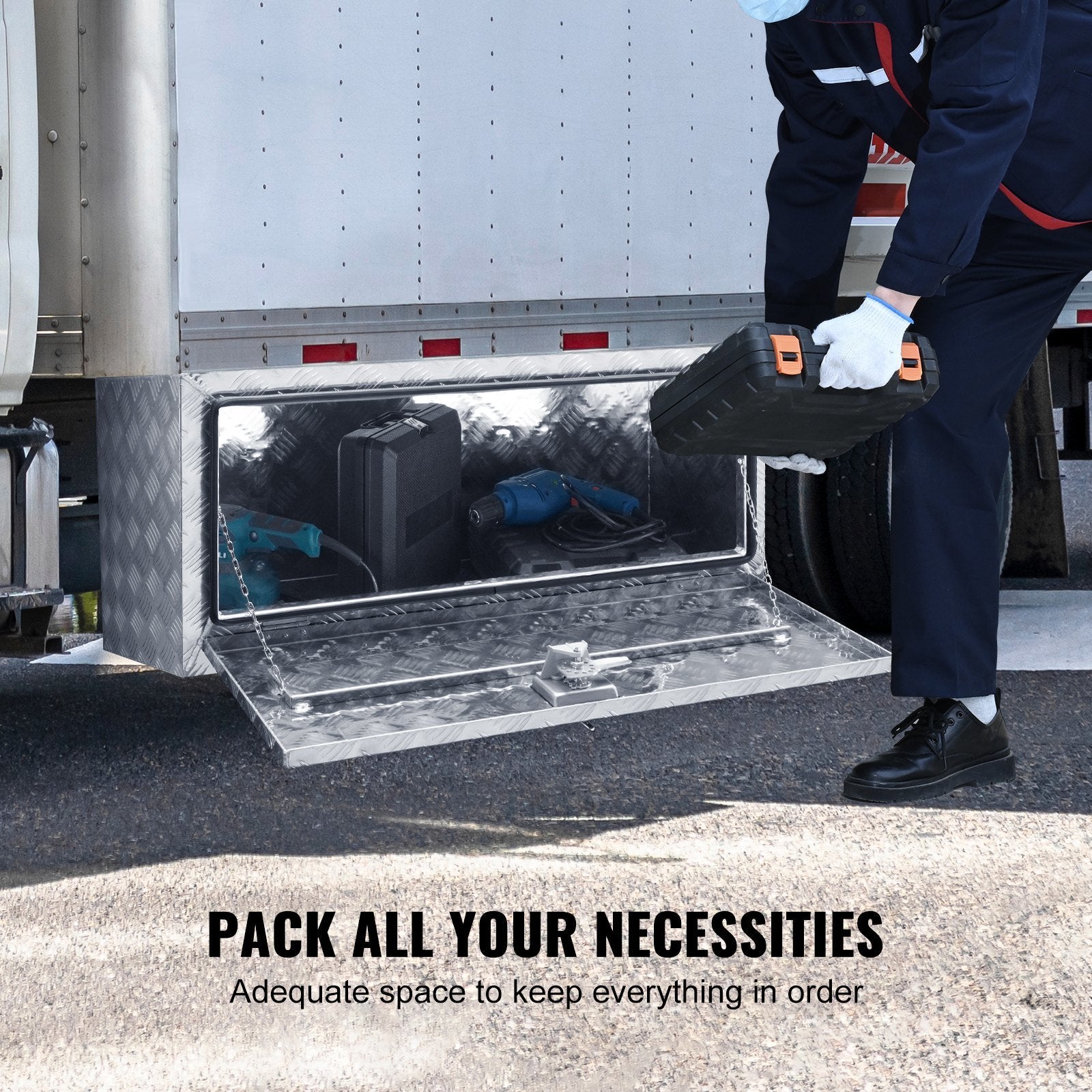 VEVOR Underbody Truck Box, 36"×17"×18" Pickup Storage Box, Heavy Duty Aluminum Diamond Plate Tool Box with Lock and Keys, Waterproof Trailer Storage B