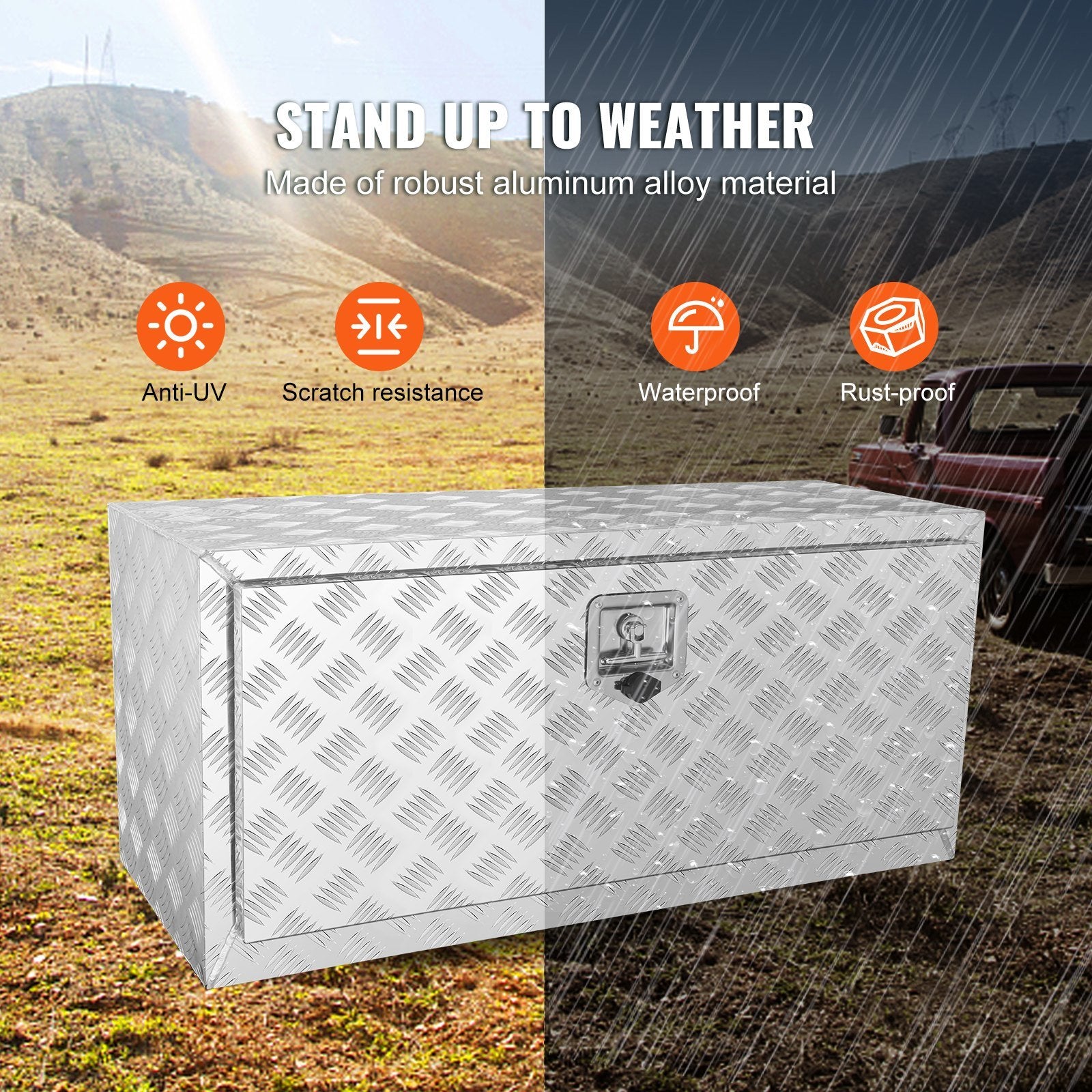 VEVOR Underbody Truck Box, 36"×17"×18" Pickup Storage Box, Heavy Duty Aluminum Diamond Plate Tool Box with Lock and Keys, Waterproof Trailer Storage B