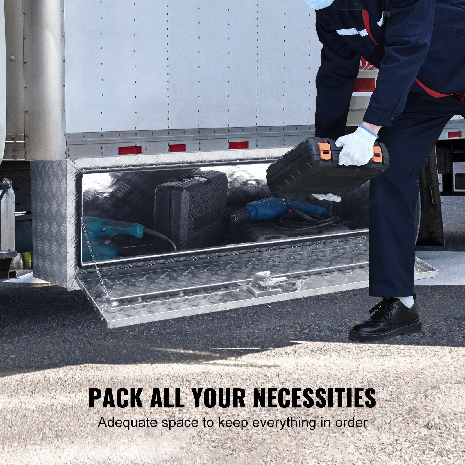 VEVOR Underbody Truck Box, 48"×17"×18" Pickup Storage Box, Heavy Duty Aluminum Diamond Plate Tool Box with Lock and Keys, Waterproof Trailer Storage B
