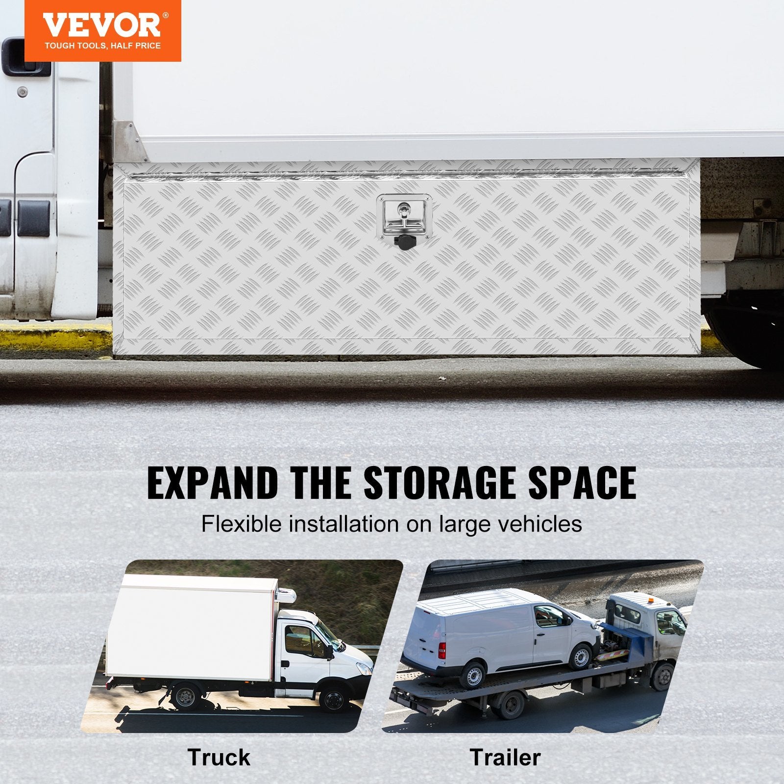 VEVOR Underbody Truck Box, 48"×17"×18" Pickup Storage Box, Heavy Duty Aluminum Diamond Plate Tool Box with Lock and Keys, Waterproof Trailer Storage B