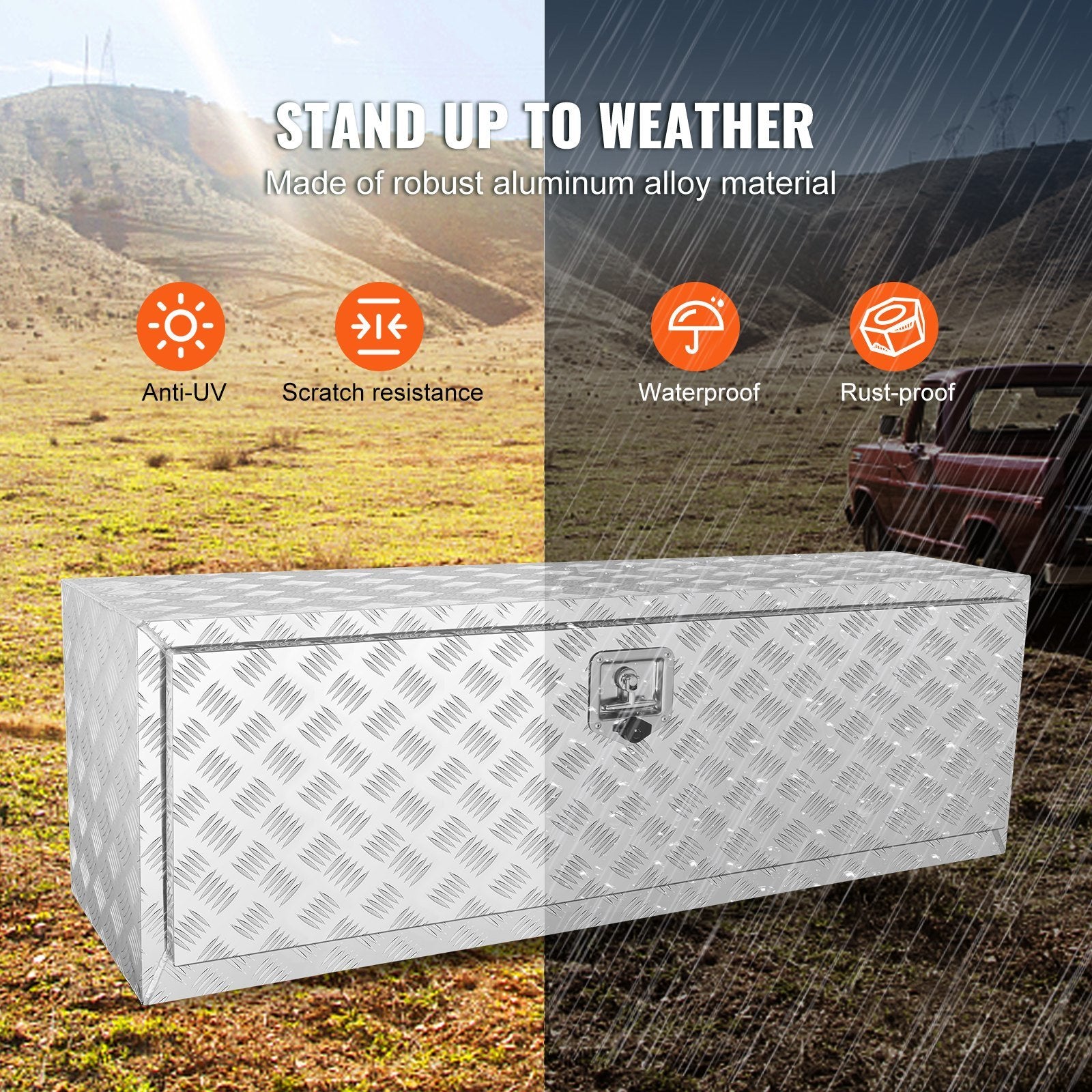 VEVOR Underbody Truck Box, 48"×17"×18" Pickup Storage Box, Heavy Duty Aluminum Diamond Plate Tool Box with Lock and Keys, Waterproof Trailer Storage B