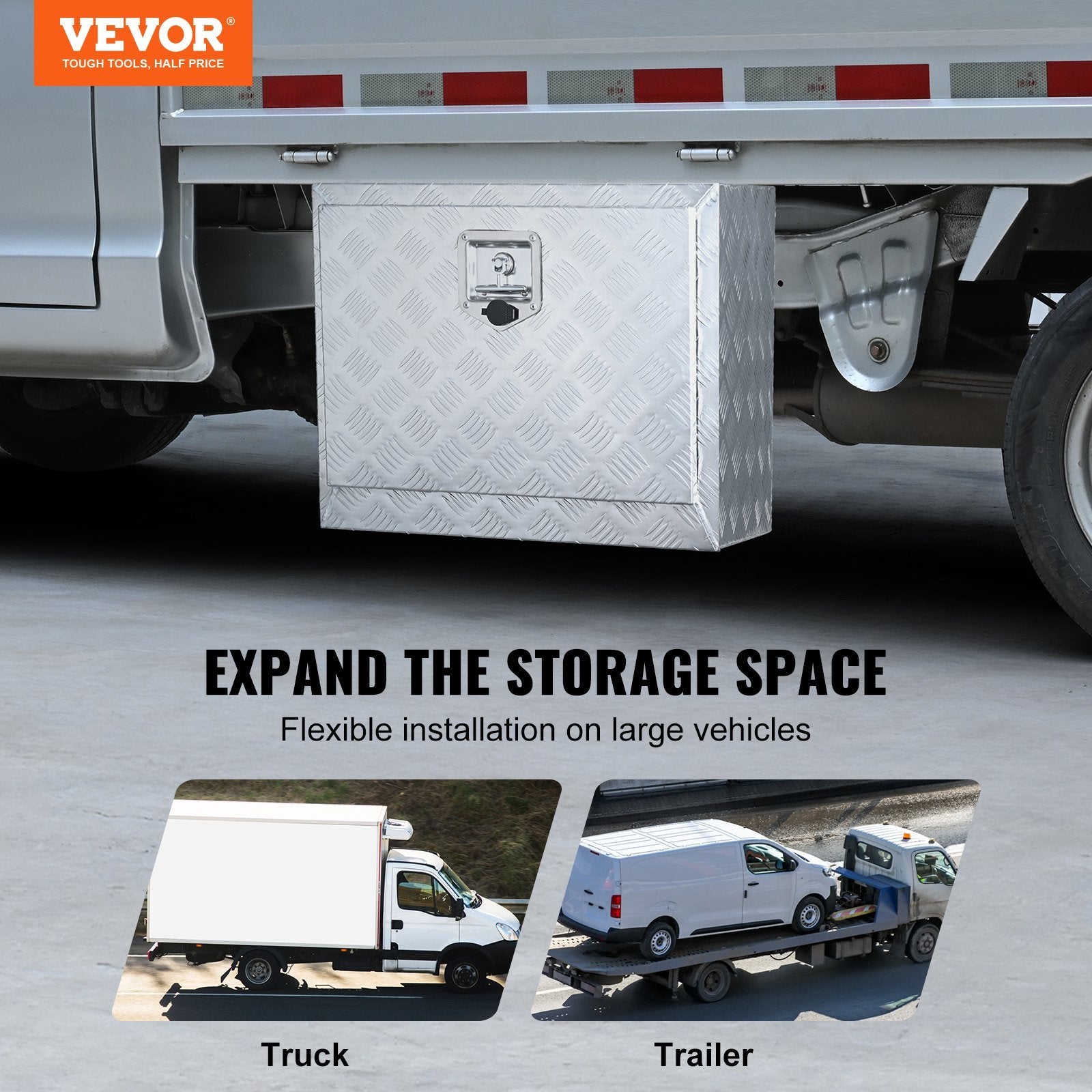 VEVOR Underbody Truck Box, 24"×14"×16" Pickup Storage Box, Heavy Duty Aluminum Diamond Plate Tool Box with Lock and Keys, Waterproof Trailer Storage B