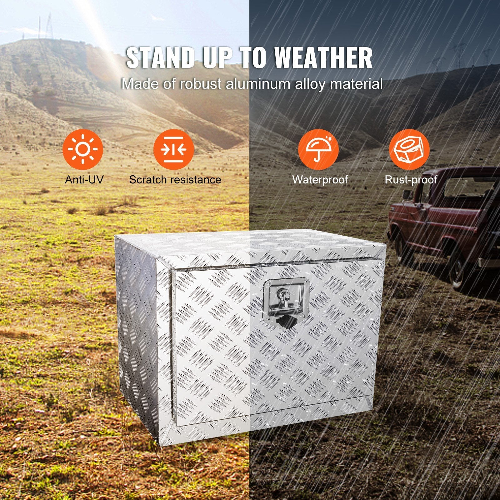 VEVOR Underbody Truck Box, 24"×14"×16" Pickup Storage Box, Heavy Duty Aluminum Diamond Plate Tool Box with Lock and Keys, Waterproof Trailer Storage B