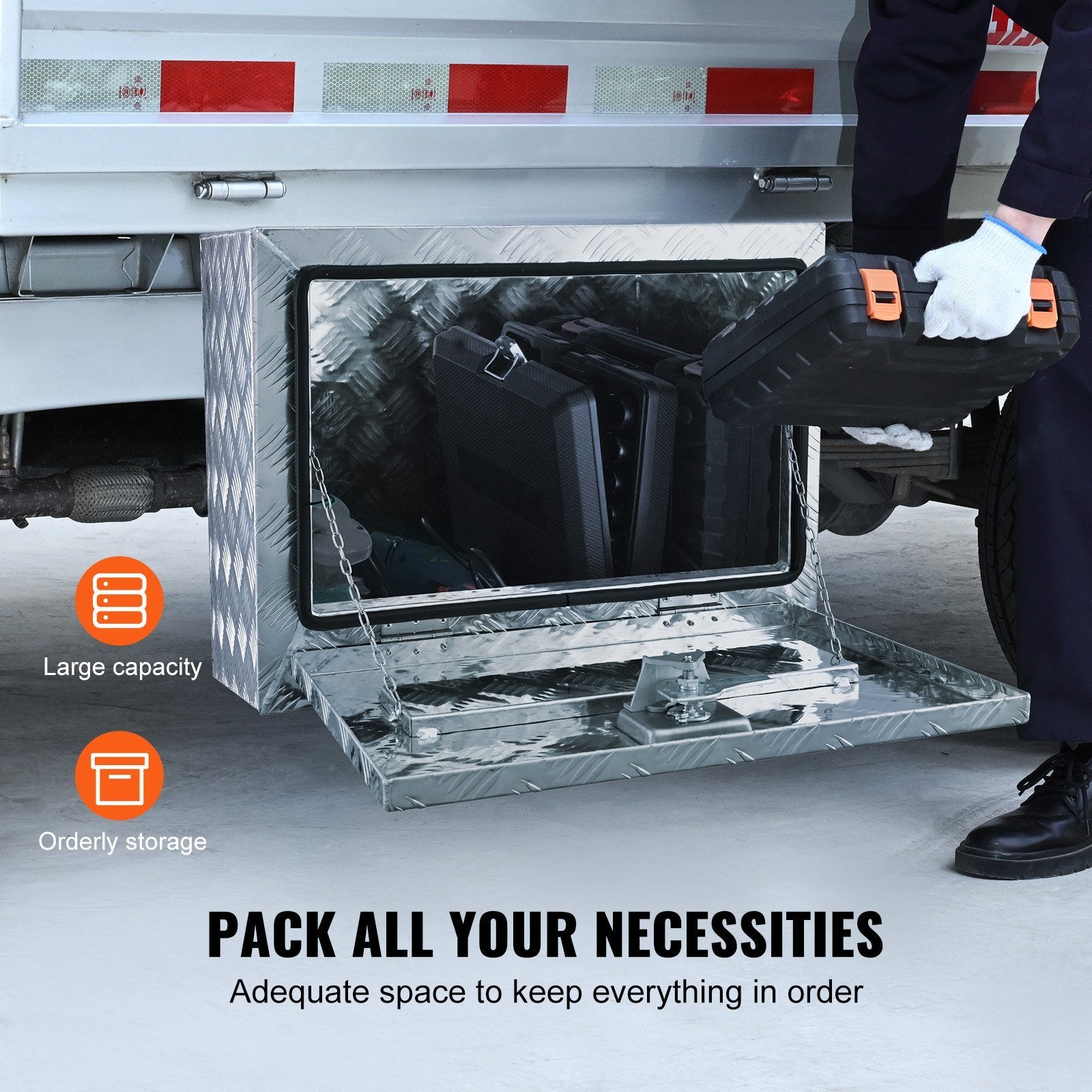 VEVOR Underbody Truck Box, 24"×14"×16" Pickup Storage Box, Heavy Duty Aluminum Diamond Plate Tool Box with Lock and Keys, Waterproof Trailer Storage B